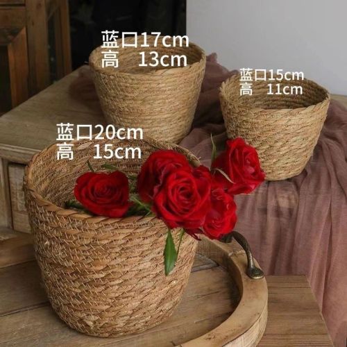 新款北欧风花店抱抱桶花束手工藤编草编花篮家居编织花盆竹编