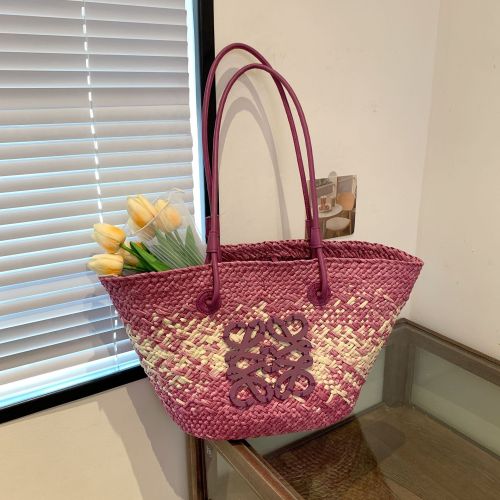 草编托特包手工编织菜篮子大容量法式藤编撞色度假单肩沙滩包