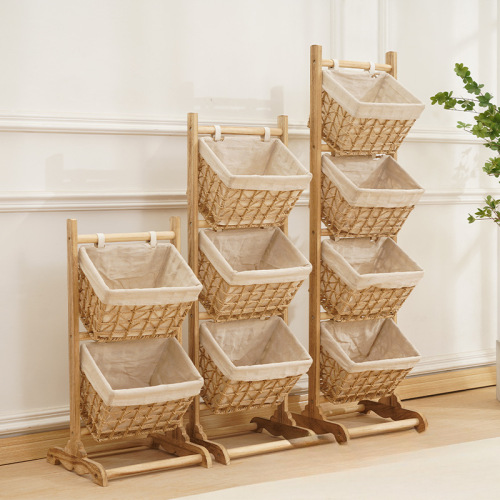 中式中古风藤编吊篮梧桐木储物架家用卧室多层收纳架浴室收纳篮
