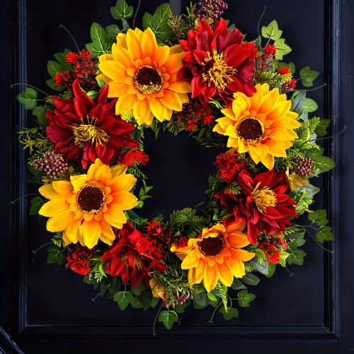 2025新款向日葵乡村仿真花环家居门饰秋季花环丰收节万圣节感恩节