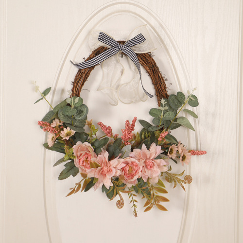 蝴蝶结飘带仿真花椭圆壁挂花环亚马逊装饰农舍家居前门装饰花环