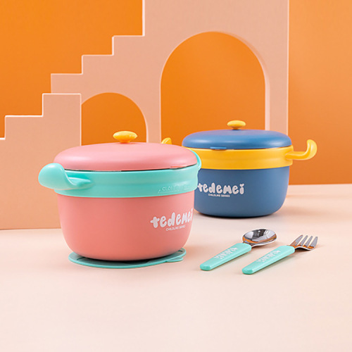 儿童辅食碗吸盘304不锈钢注水保温碗双耳汤碗小孩吃饭碗餐具套装