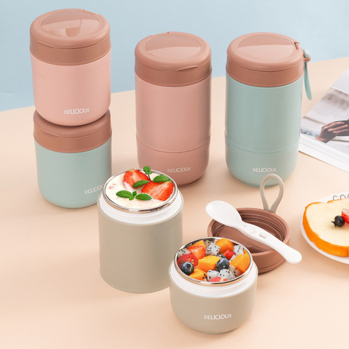 304不锈钢汤杯保温学生密封早餐带粥杯带勺汤罐双层塑料饭盒微波