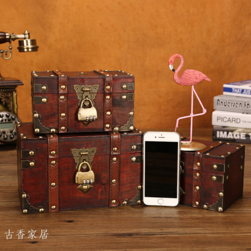 藏宝箱老式木箱子复古收纳盒带锁储物箱木质大号中式密码密室道具