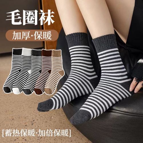 秋冬款袜子咖色条纹毛圈袜加厚保暖居家地板袜美拉德不勒脚中筒袜