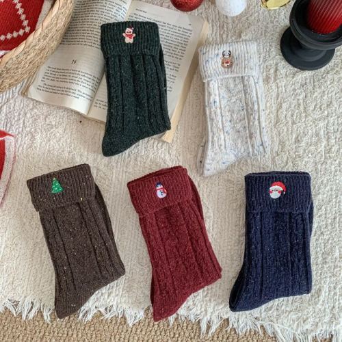 秋冬羊毛圣诞袜子女翻边刺绣点子纱羊毛袜保暖加厚浮雕中筒袜