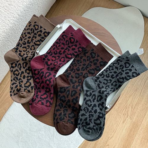 豹纹袜子女秋冬季咖色系美拉德中筒堆堆袜双针双路ins潮韩版外穿