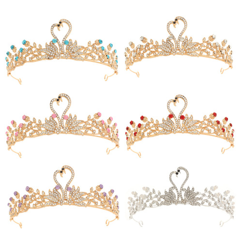 韩式公主水晶皇冠头饰儿童气质天鹅镶钻王冠女孩生日派对配饰品