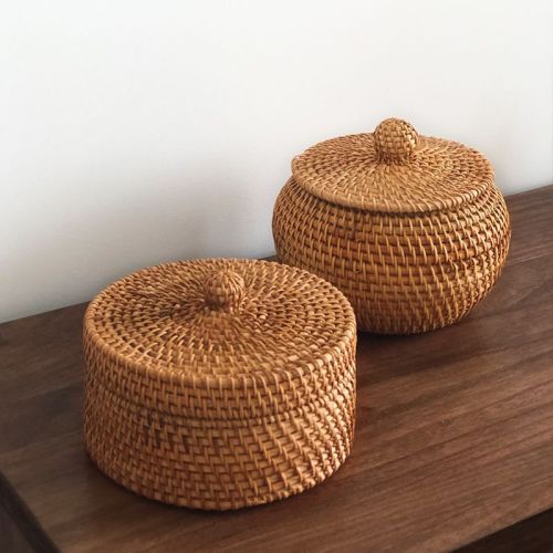 越南手工藤编糖果盒圆形带盖收纳筐中式复古茶点盘首饰整理盒