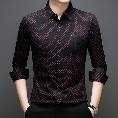 跨境轻奢长袖衬衫条纹男士春秋季商务休闲百搭宽松中年衬衣男装