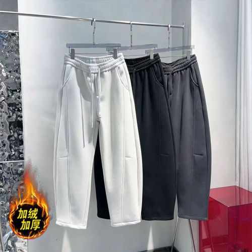 秋冬新款加绒加厚立体裁剪磨毛弯刀休闲裤男士潮流纯色简约直筒裤