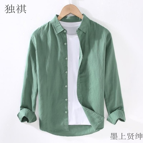 男士亚麻长袖衬衫麻布男装日系休闲宽松棉麻料衬衣春夏装外穿寸衫