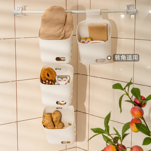 简约免打厨房挂篮孔壁挂姜蒜收纳置物架伸缩杆可调节水池毛巾挂杆