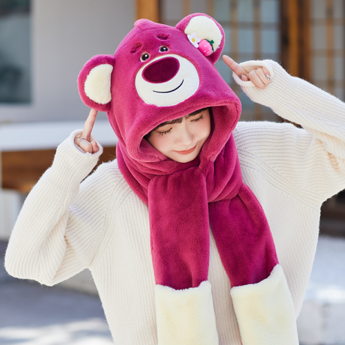 korean cute strawberry bear hat scarf integrated female winter cycling cold-proof warm scarf gloves three-piece fashion