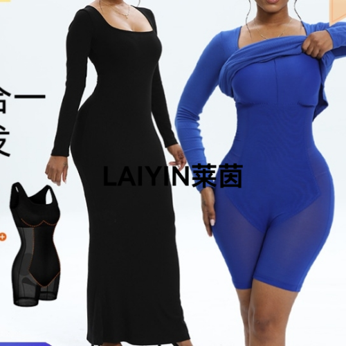 europe and america cross border new light belly contracting internet celebrity dress thread cloth two-in-one long sleeve u-neck body shaping dress wholesale
