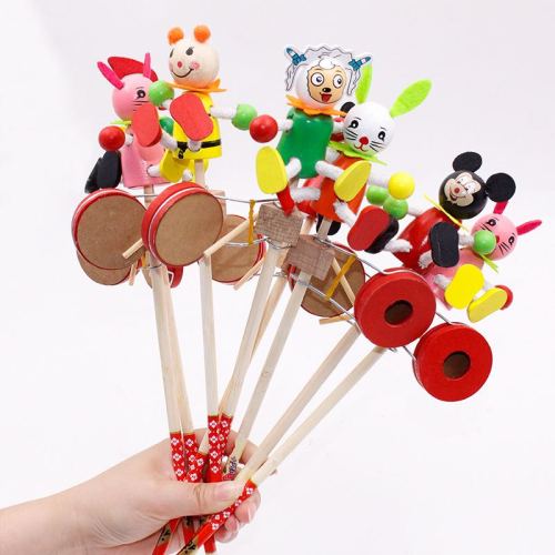 Stall Hot Sale Toy Puppet Swinging Drum Factory Direct Sales Wooden Drum-Shaped Rattle Swinging Drum Hot-Selling Wooden Man Drum-Shaped Rattle Swinging Drum Stall