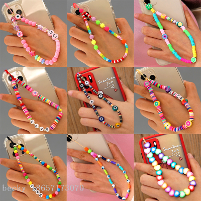  Colorful Soft Polymer Clay Mobile Phone Strap Chain Lanyards Women Girls Bohemia Pearl Rope For Phone Case Hanging Cord