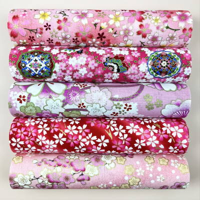 5Pcs 7.8 * 9.8in Pink and Wind Stamped Gold Printed Cotton Quilted Fabric Bundle Handmade DIY Clothing Patch Sewing Accessories
