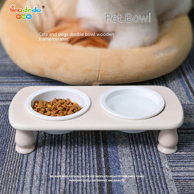 Soododo XDL-936156 Cat bowl Ceramic double bowl Drinking water cat food bowl to prevent upset solid wooden pet table dog bowl