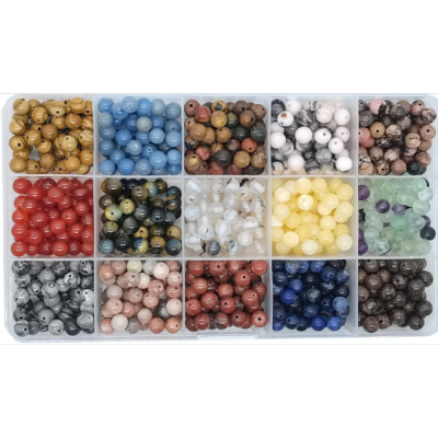 750pcs 6mm Natural Round Stone Beads Real Gemstone Beading Loose Gemstone Hole Size 1mm DIY Smooth Beads for Bracelet Necklace Earrings Jewelry Making,Box Packed(15 Material -1,6mm)