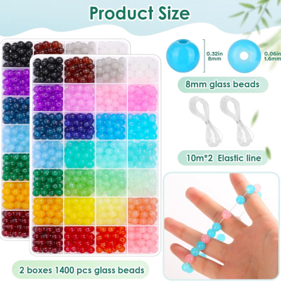 1400 PCS 8mm Glass Beads for Jewelry Making, 28 Colors Glass Beads for Bracelets Making Kit,2 Box Round Crystal Beads Jewelry Making and DIY Crafts