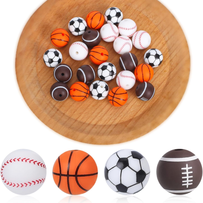 24 Pieces Silicone Ball Beads, 15mm Silicone Beads Football Basketball Soccer Baseball Multicolor Sports Beads Round silicone beads bulk for Keychain Making Bracelet Necklace Lanyards DIY Crafts