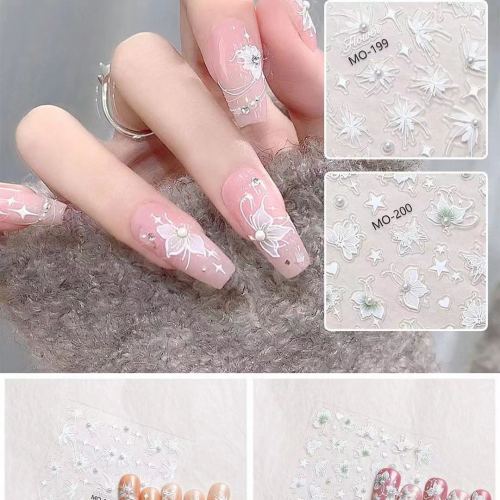 white pearl relief pure desire new 2024 advanced elegant gentle ins popular flower bud butterfly nail stickers