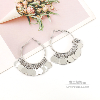 Cross-Border European and American Fashion Silver Diameter Big round Slice Alloy Tassel Special Interest Light Luxury Trendy Temperament Classic Style Earrings for Women Wholesale