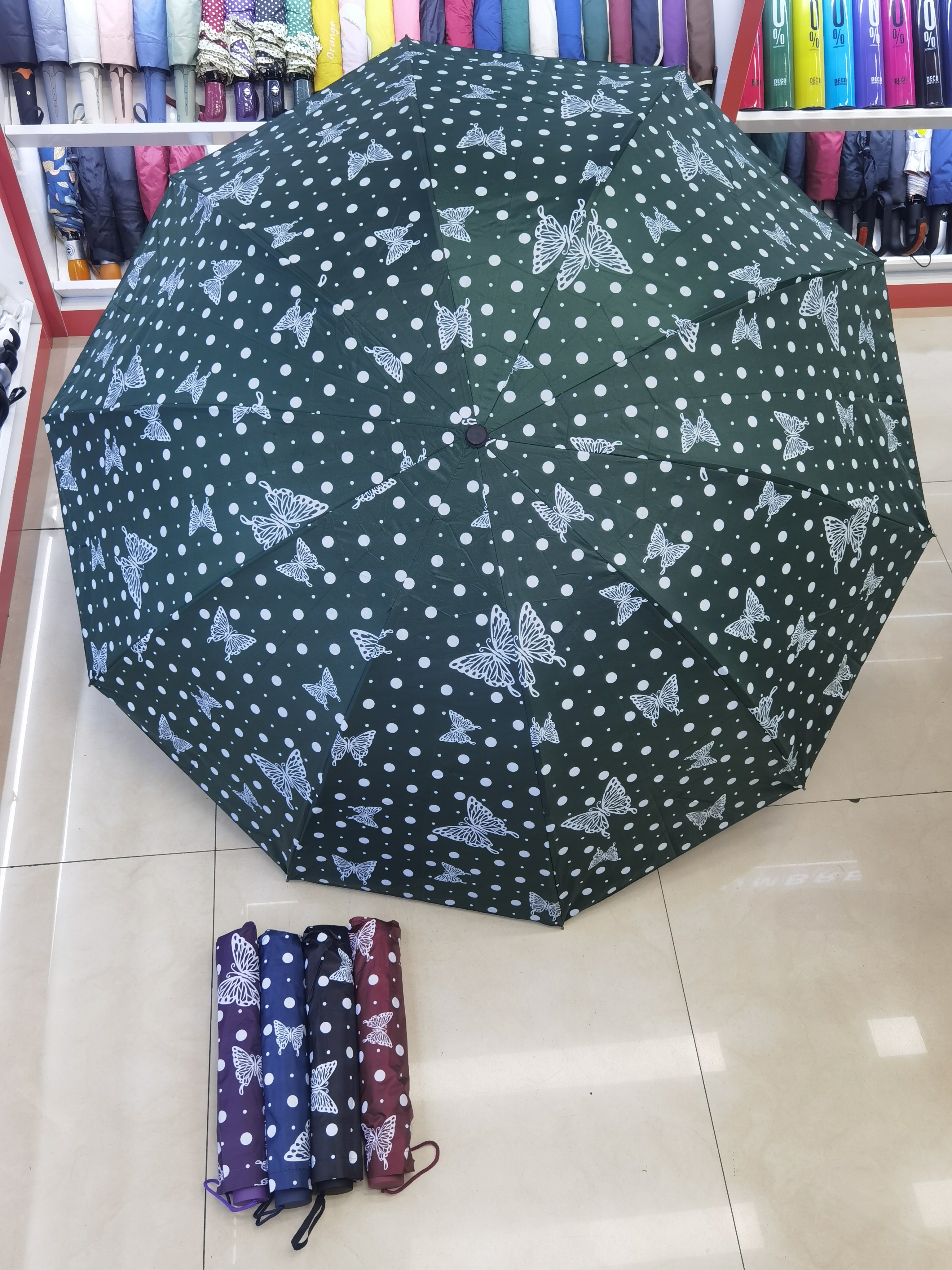 New three-fold umbrella, folding hand-opening portable umbrella, black plastic butterfly polka dot pattern umbrella, enlarged and thickened sunshade umbrella pic 4