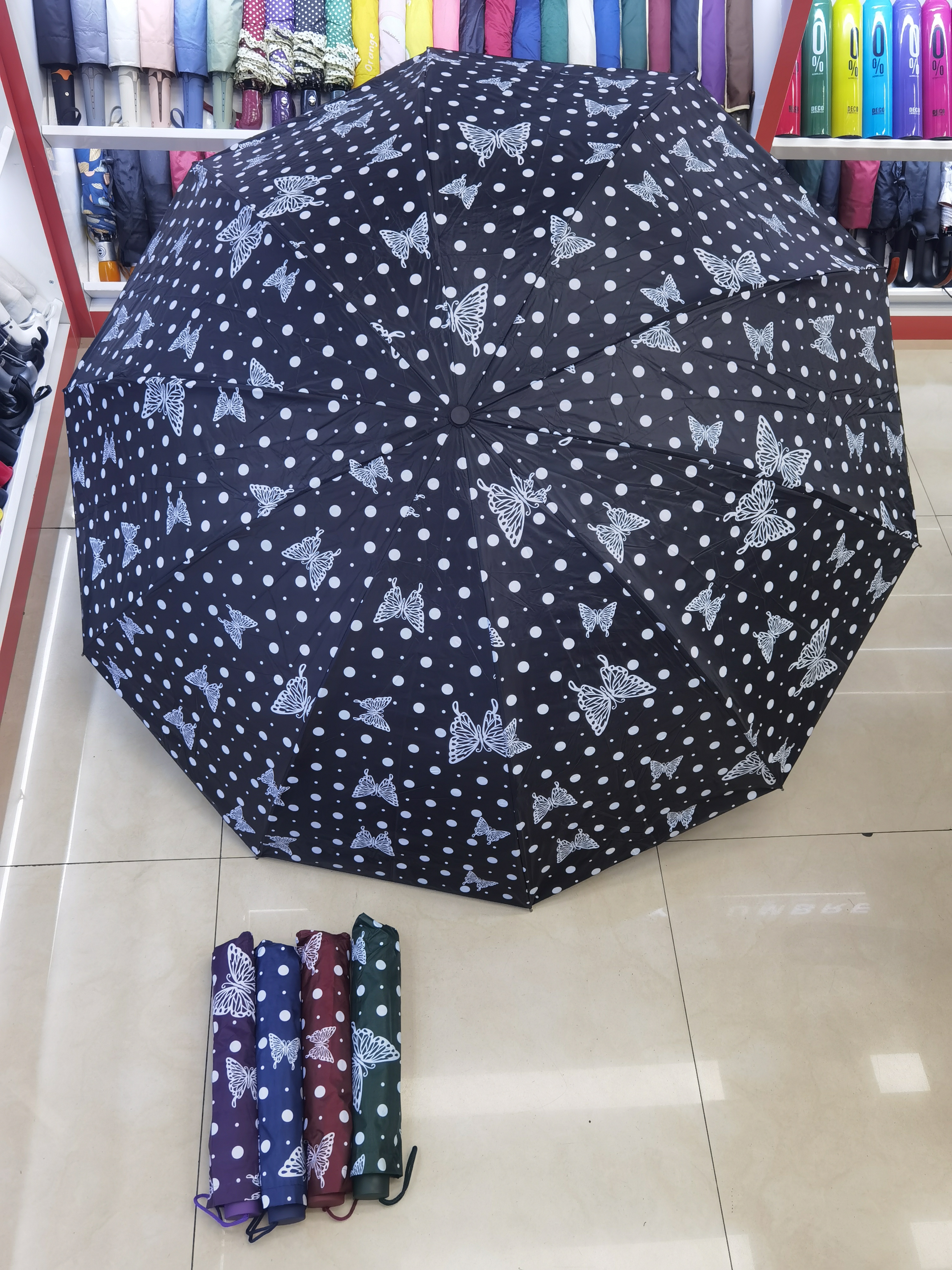 New three-fold umbrella, folding hand-opening portable umbrella, black plastic butterfly polka dot pattern umbrella, enlarged and thickened sunshade umbrella pic 5