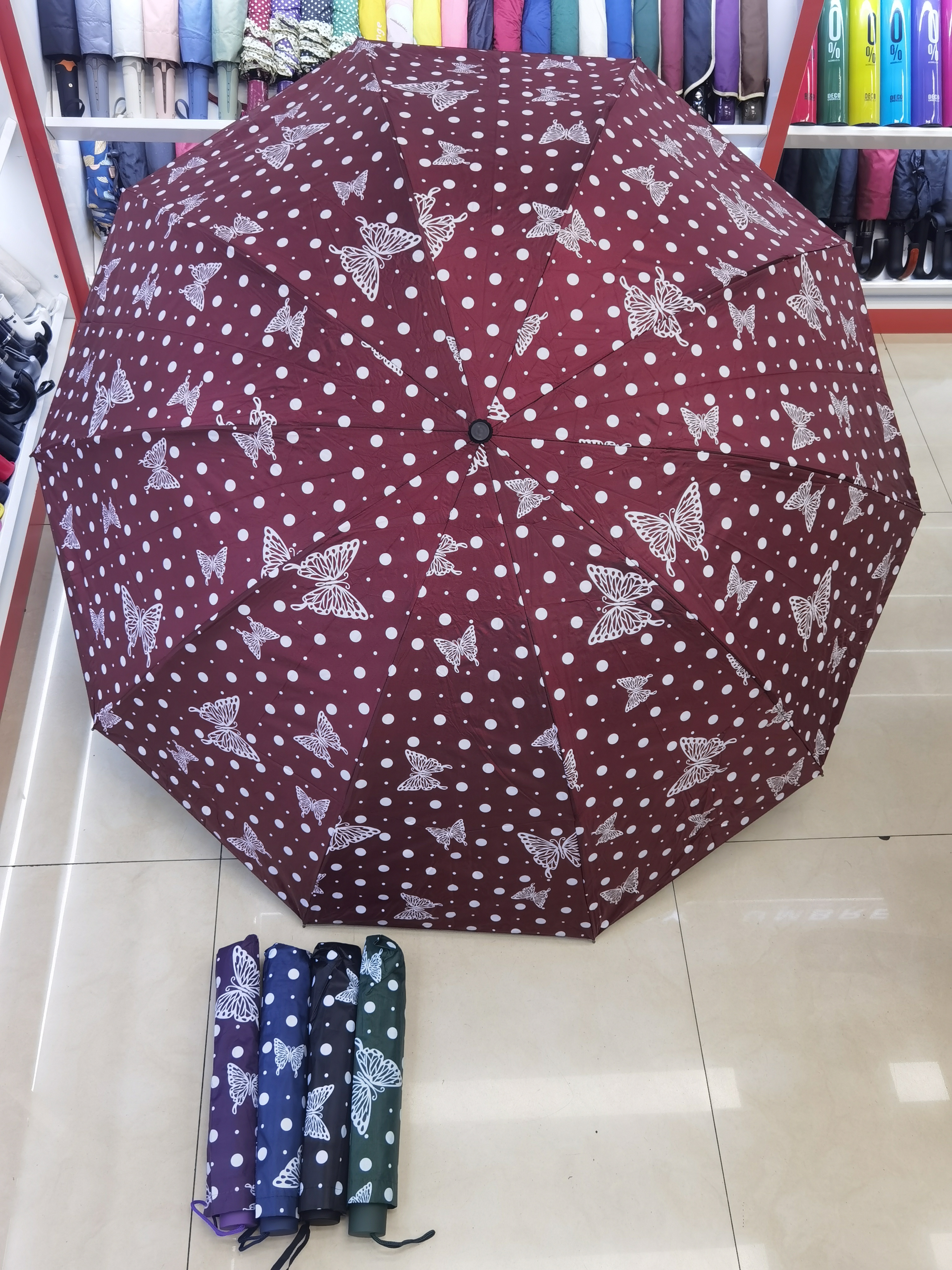 New three-fold umbrella, folding hand-opening portable umbrella, black plastic butterfly polka dot pattern umbrella, enlarged and thickened sunshade umbrella pic 3
