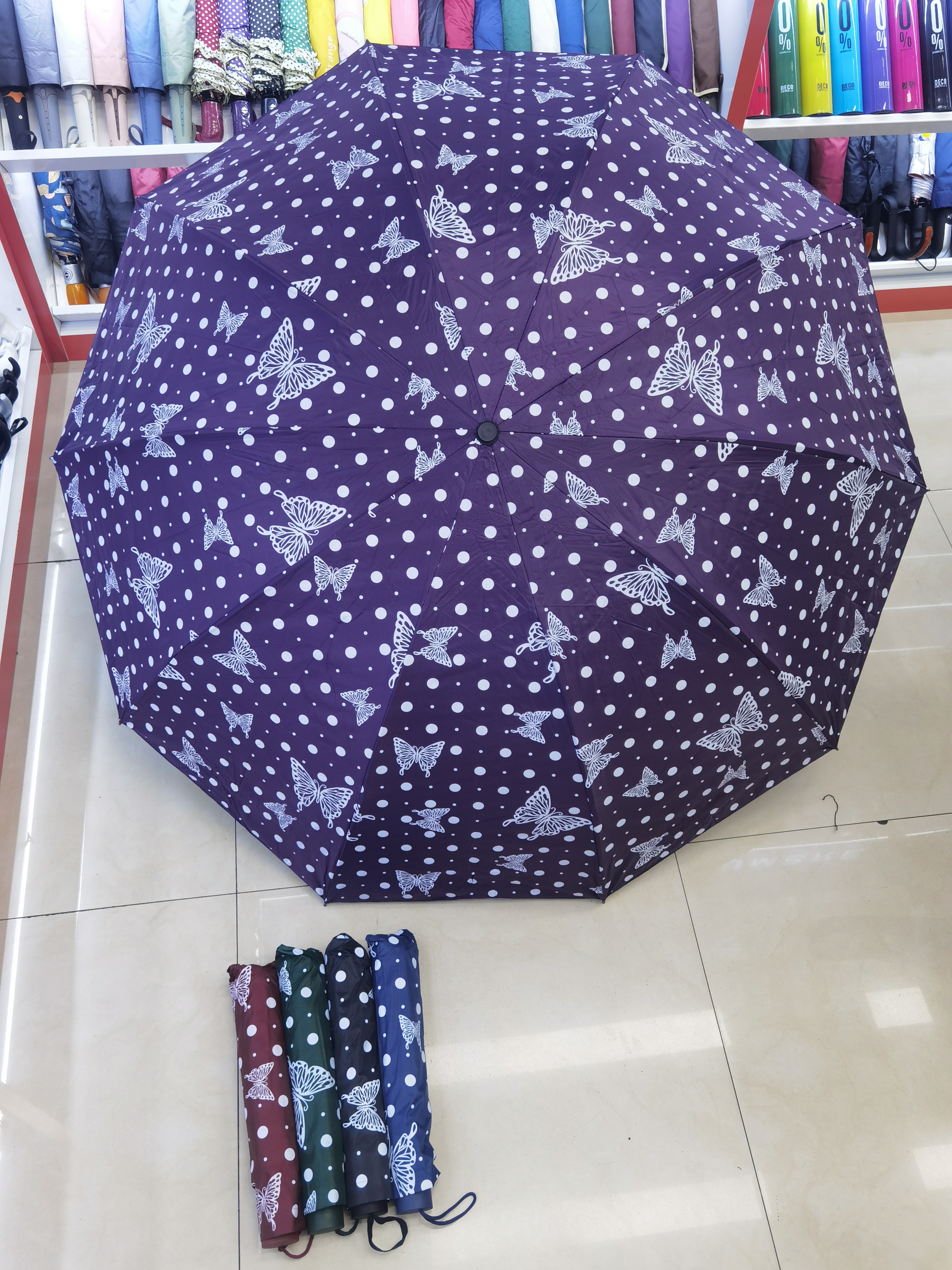 New three-fold umbrella, folding hand-opening portable umbrella, black plastic butterfly polka dot pattern umbrella, enlarged and thickened sunshade umbrella pic 1