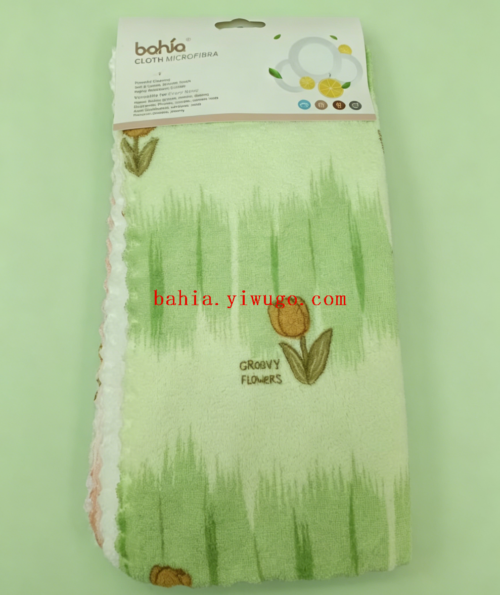 Thickened, water-absorbent and non-shedding kitchen dishcloth with gradient tulip embroidery and coral fleece pic 1