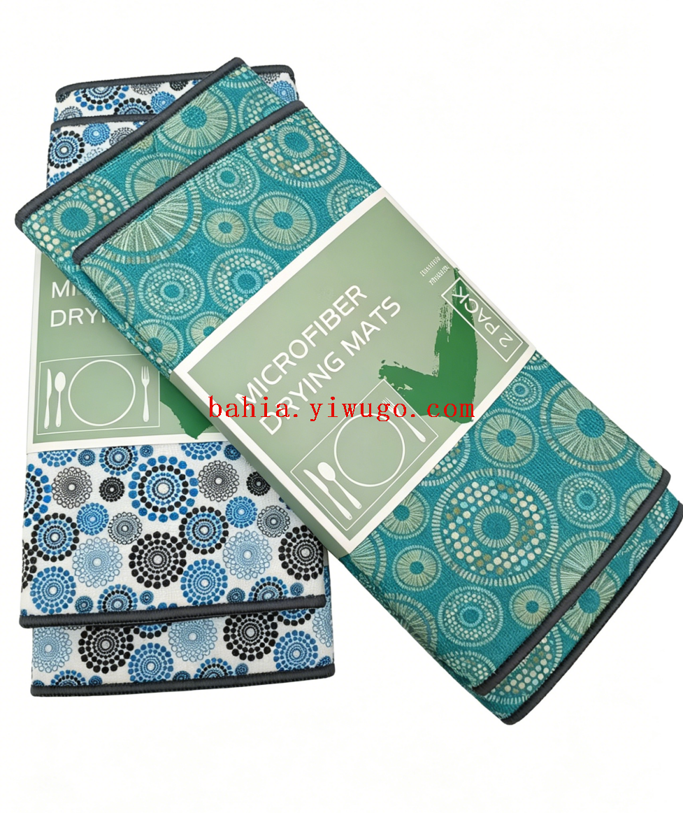 Circular printed kitchen draining mat, household countertop and tableware draining mat, double-layer thickened absorbent table mat, 2 pieces set pic 1