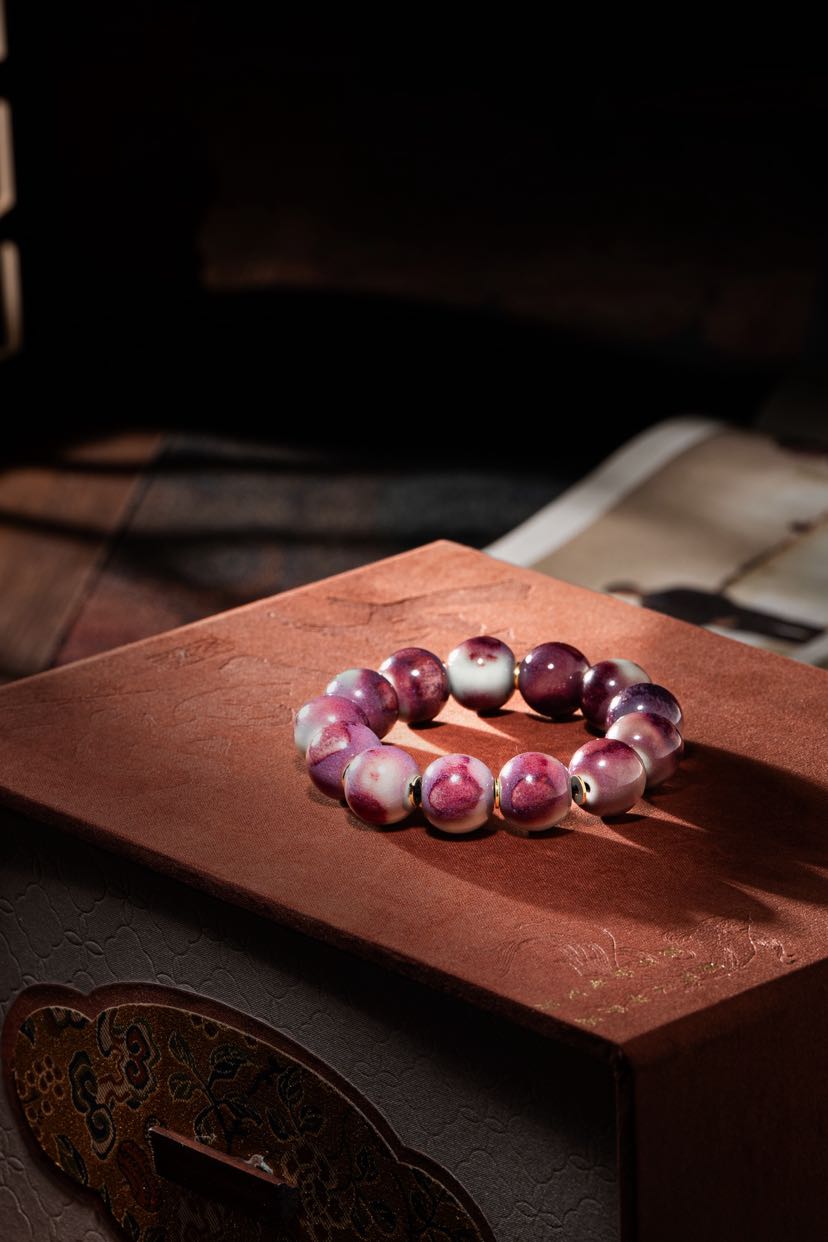 民国古法手工紫罗兰套料金红色老琉璃珠佛珠散珠手链